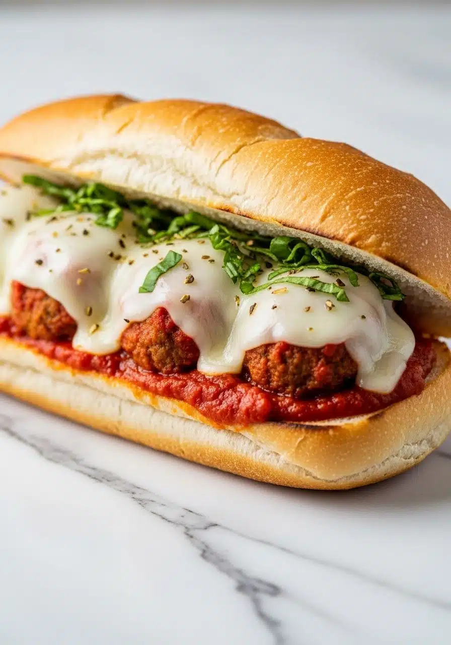 A fresh Italian roll filled with high-protein ricotta meatballs, marinara sauce, melted cheese, and herbs.