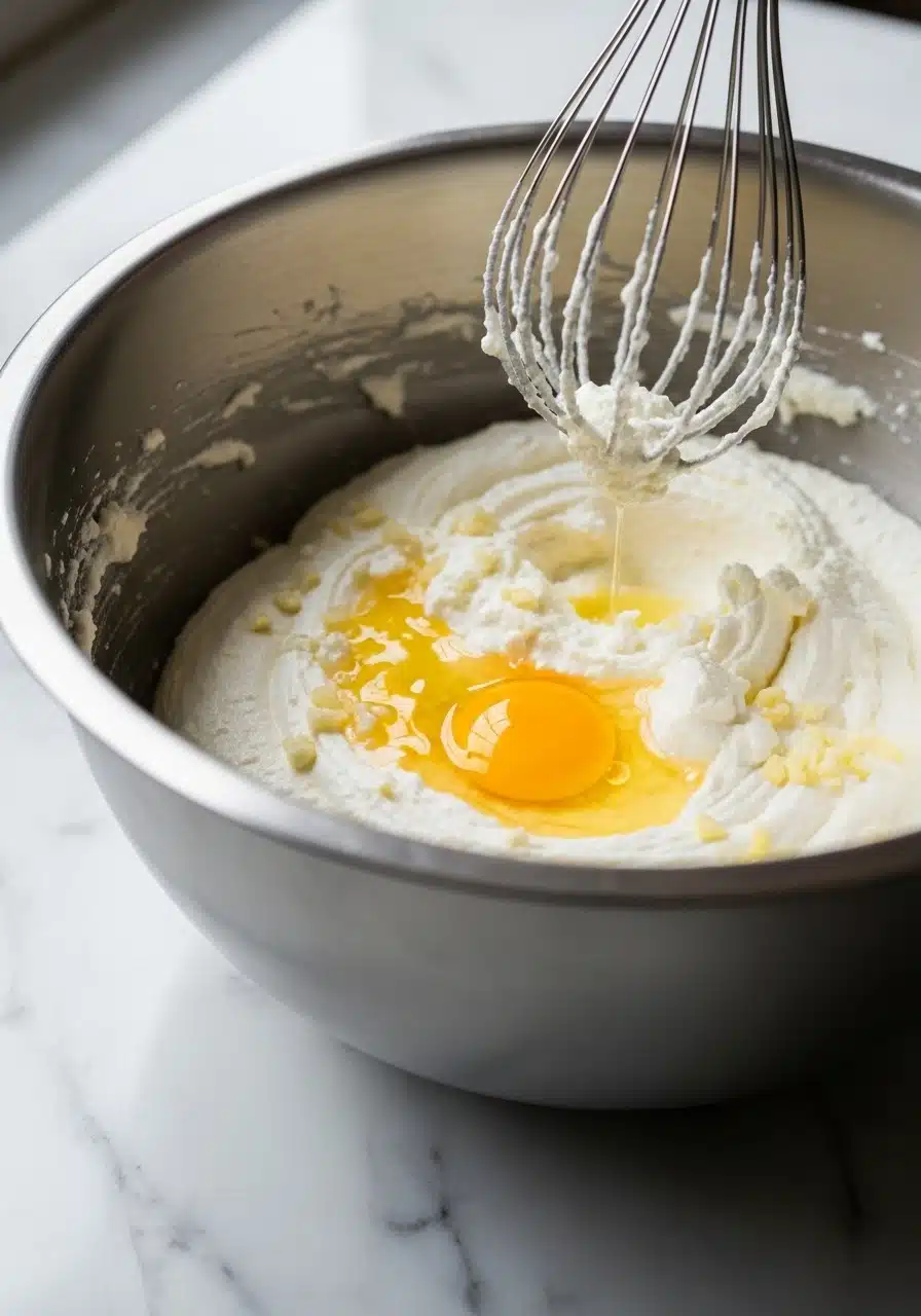 A large mixing bowl on a marble countertop filled with ricotta cheese, a cracked egg