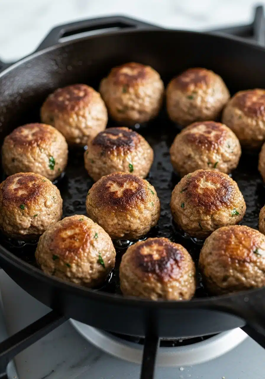 A large skillet on a stove showing meatballs browning on all sides in a small amount of olive oil. Meatballs have golden and dark brown spots