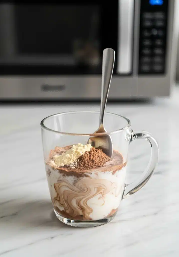 A microwave-safe mug filled halfway with milk, cocoa powder, and protein powder mixture being stirred