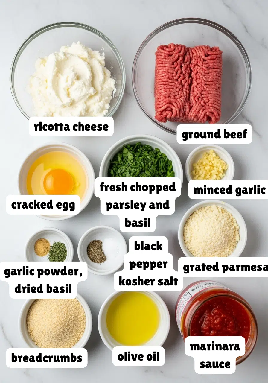 A neatly arranged overhead flat-lay of all ingredients for high-protein ricotta meatballs
