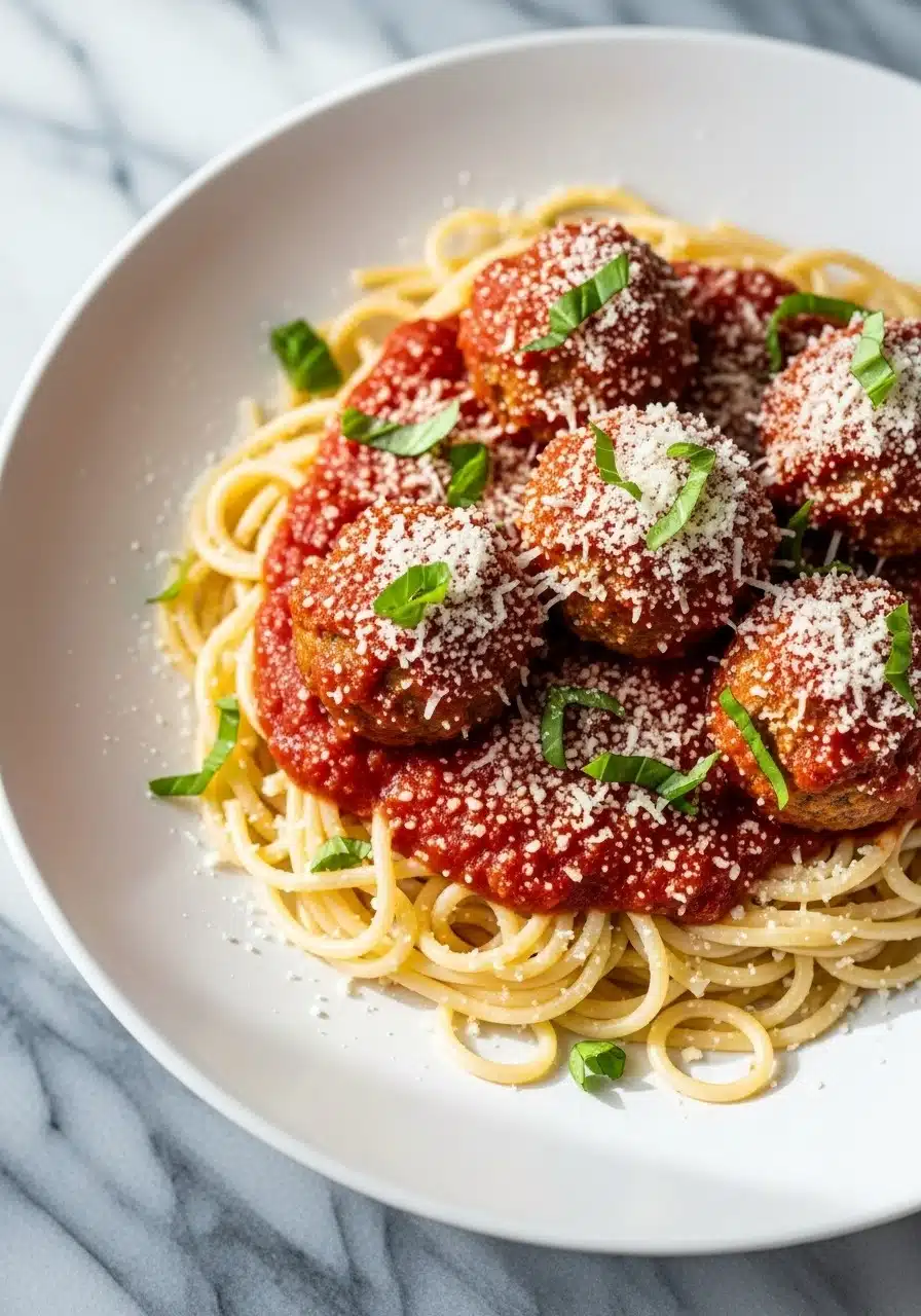 A plate of cooked spaghetti topped with high-protein ricotta meatballs and marinara sauce.