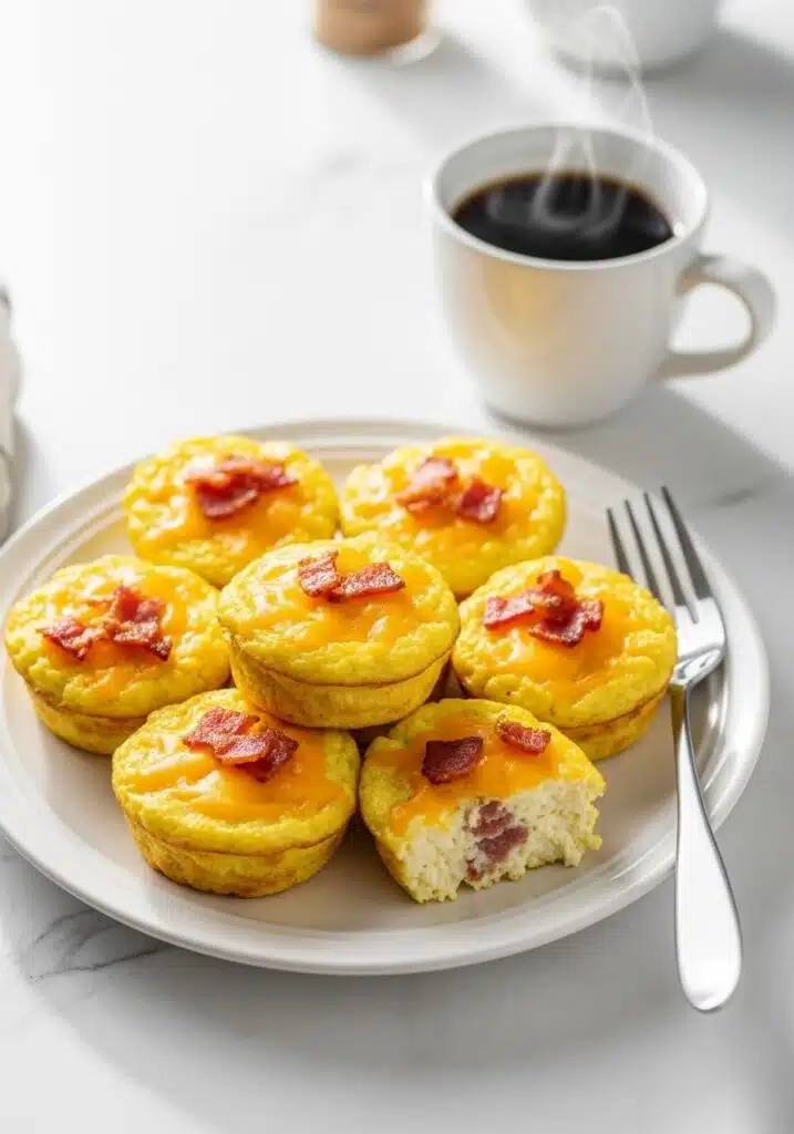 A plate of freshly baked cottage cheese egg bites on a white marble countertop, golden on top, slightly fluffy and moist texture