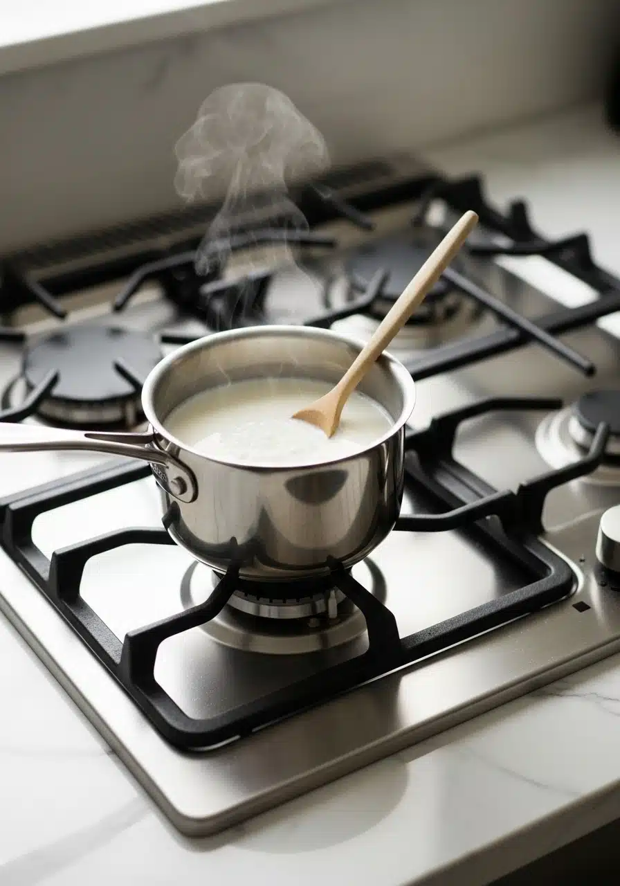 A small saucepan on a stovetop with milk being gently heated.