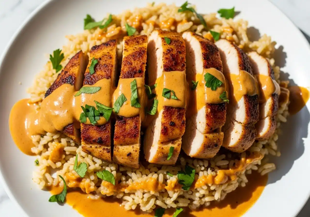 Beautiful plated serving of High Protein Creamy Cajun Chicken with garlic rice and creamy sauce dripping slightly over the side