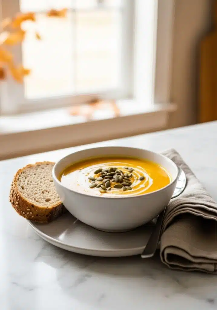 Bowl of high-protein butternut squash soup served with a slice of whole-grain bread