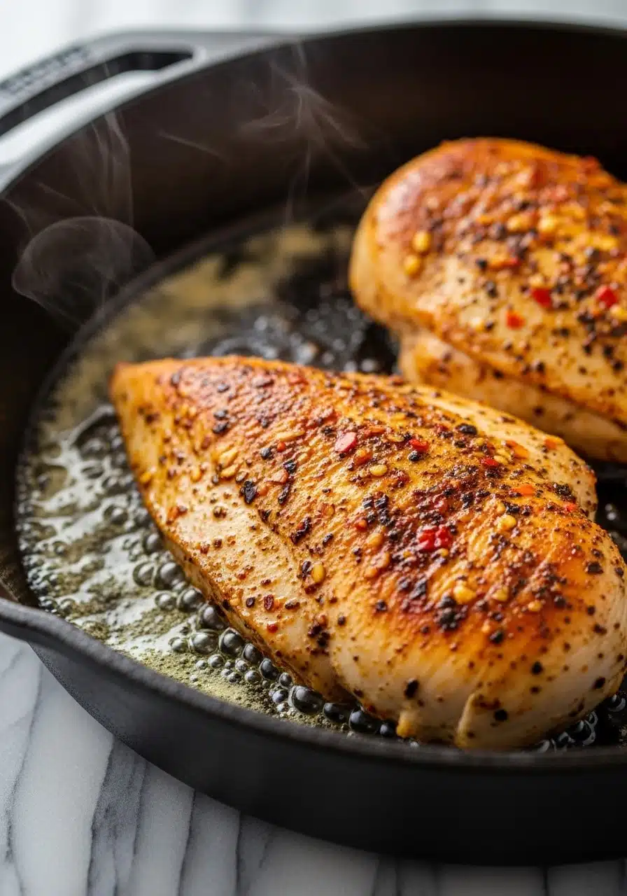 Cajun-seasoned chicken breasts sizzling in melted butter in a cast iron skillet
