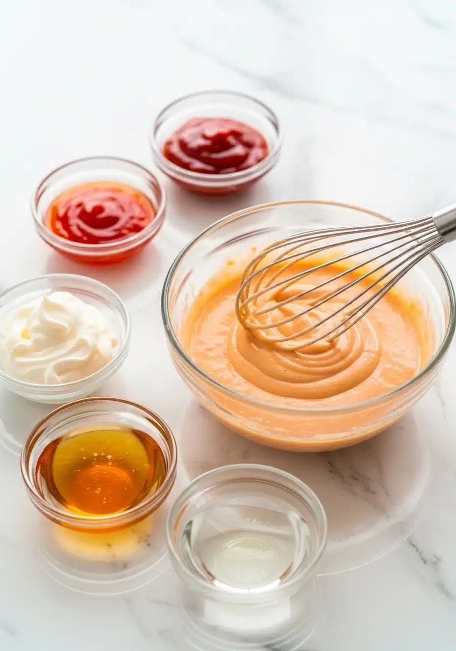 Close-up food photography of a small mixing bowl filled with ingredients for bang bang sauce