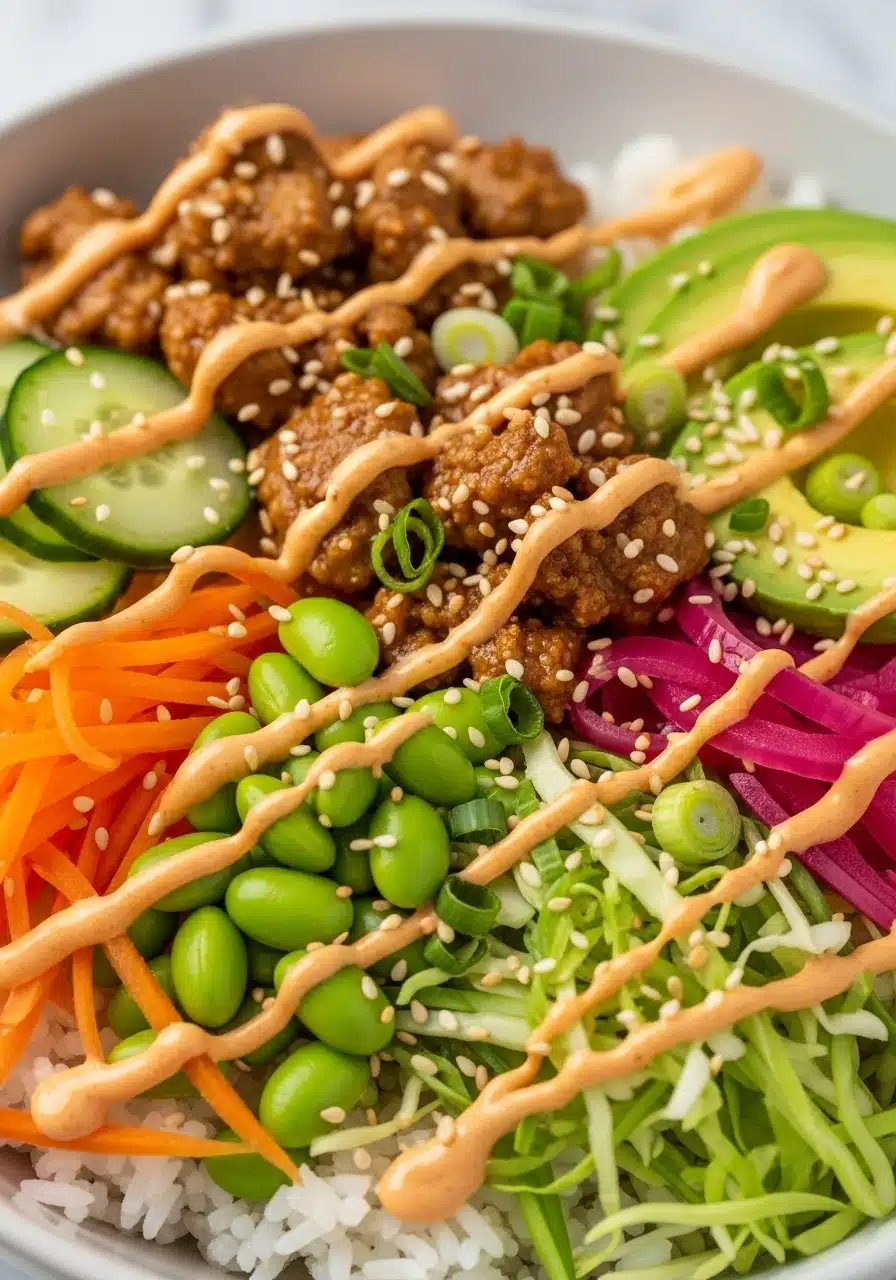 Close-up macro-style shot of the finished Ground Turkey Bang Bang Rice Bowl