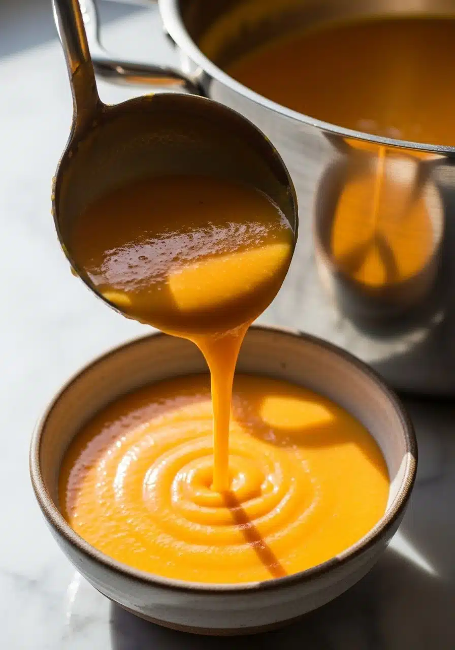Close-up of a ladle pouring smooth butternut squash soup into a white bowl
