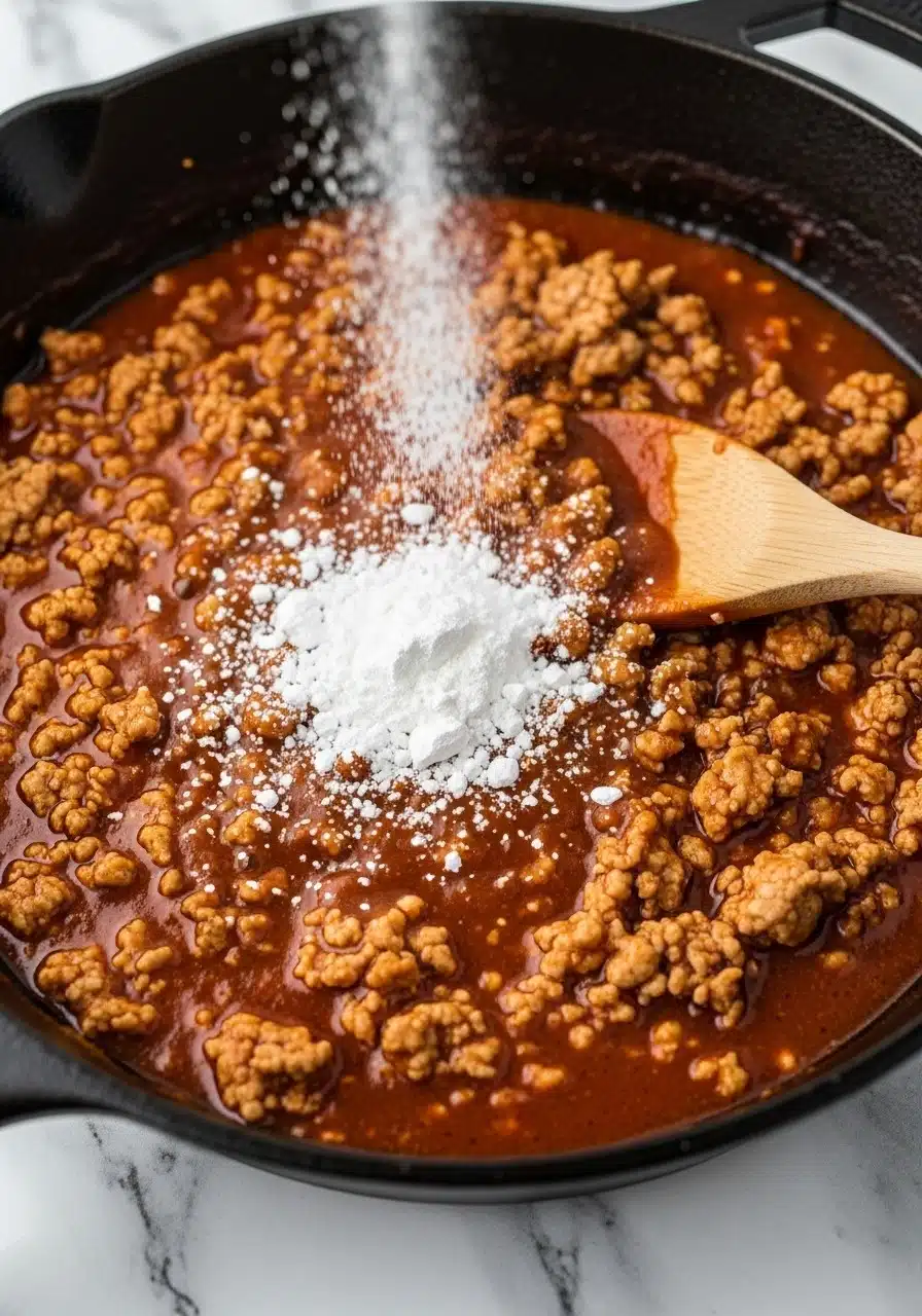 Close-up of a skillet with ground turkey simmering in sauce. Cornstarch being sprinkled evenly over the top