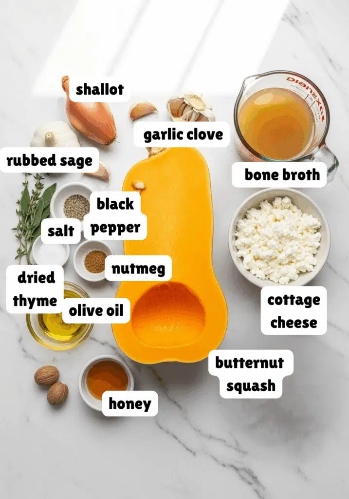 Flat lay of all ingredients for high-protein butternut squash soup on a white marble countertop