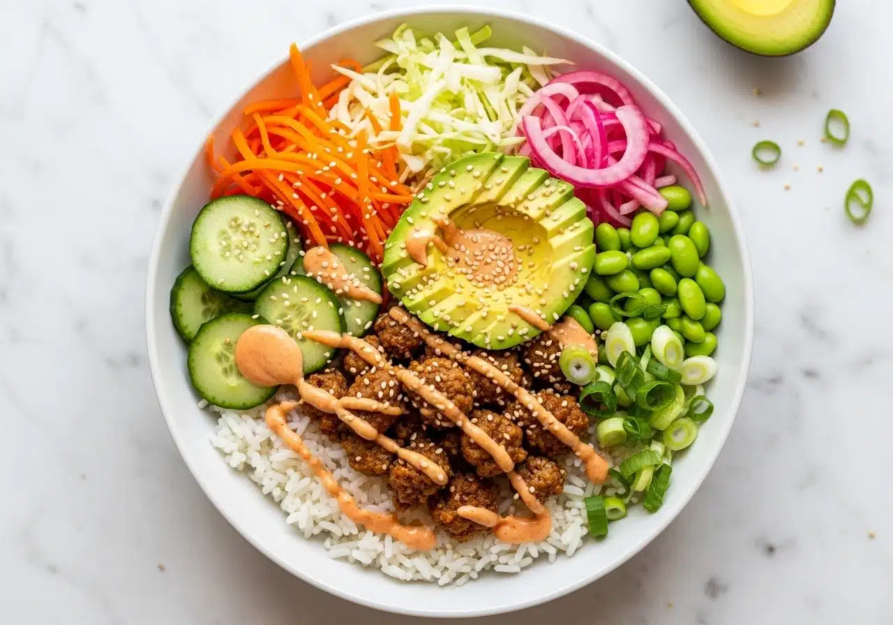 Ground Turkey Rice Bowl with Bang Bang Sauce. A clean, bright bowl