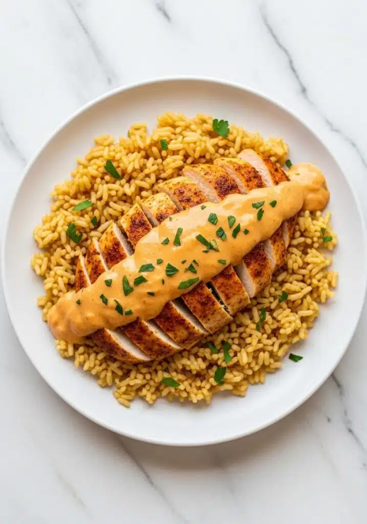High Protein Creamy Cajun Chicken with garlic rice on a white plate