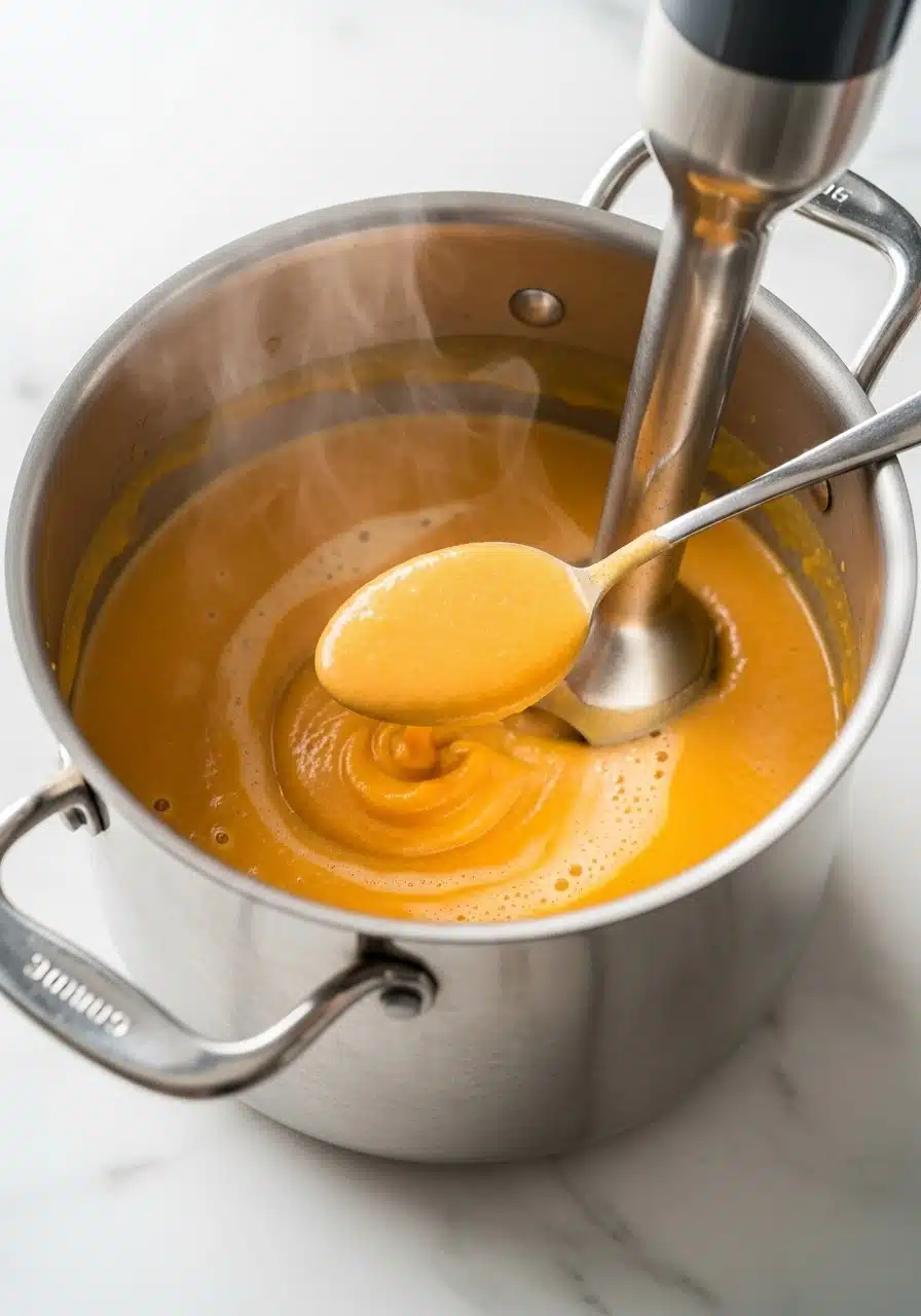 Immersion blender blending smooth butternut squash soup in a large po