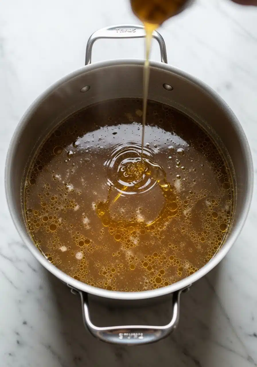 Large pot on marble countertop filled with steaming bone broth