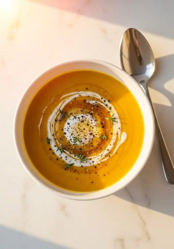 Overhead shot of a bowl of creamy butternut squash soup made with bone broth and cottage cheese, smooth golden-orange texture