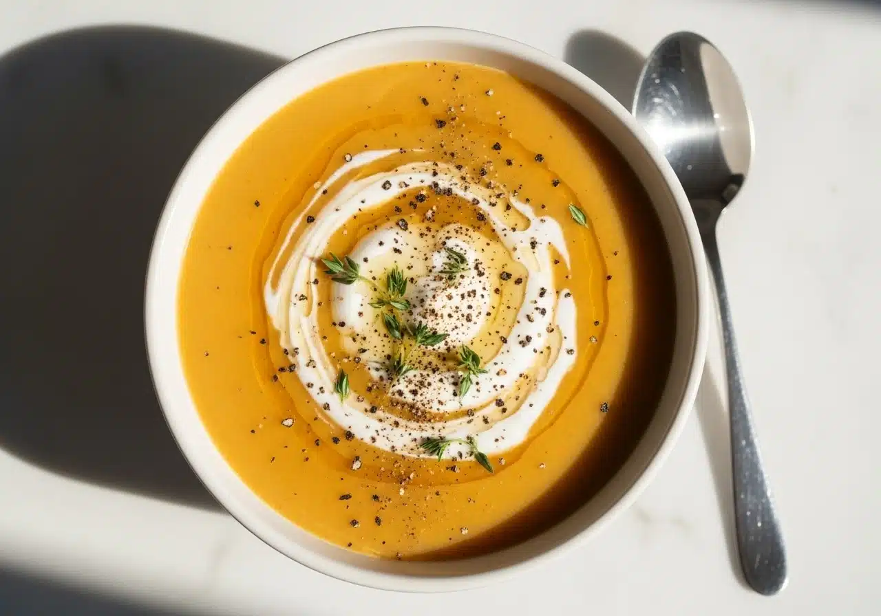 Overhead shot of a bowl of creamy butternut squash soup made with bone broth and cottage cheese