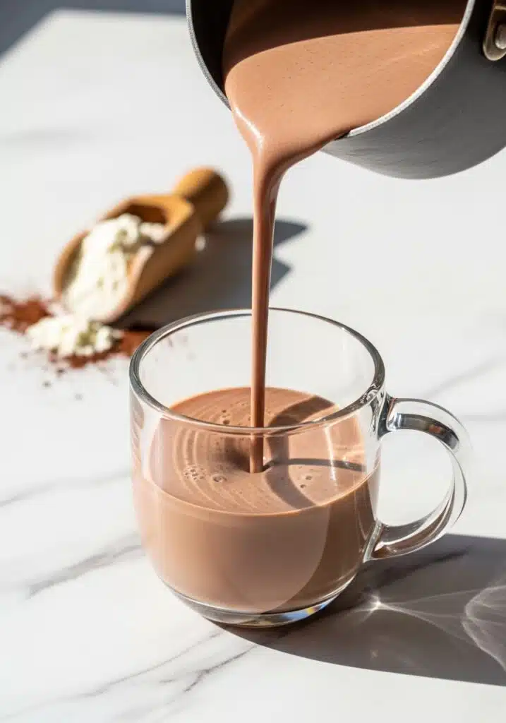 Pouring the creamy protein hot chocolate from a small pot into a large ceramic mug on a marble counter.