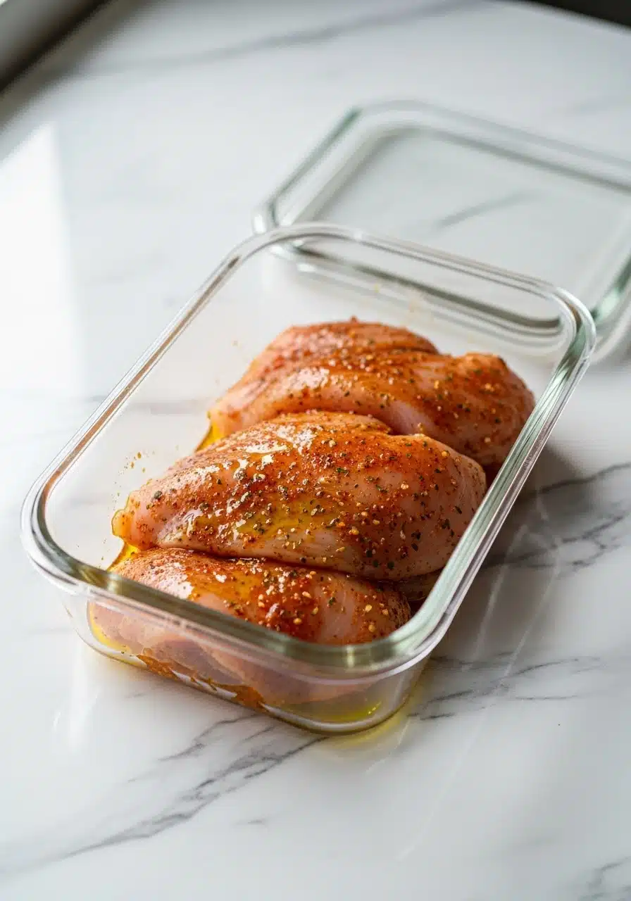 Raw chicken breasts coated in Cajun seasoning and olive oil inside a glass container
