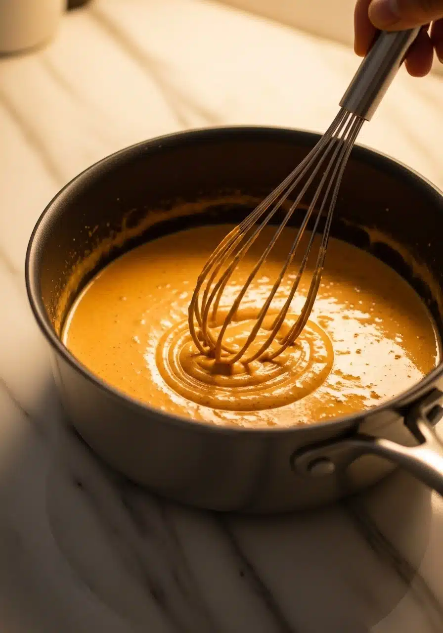 Saucepan on marble countertop containing creamy orange-tinted Cajun sauce being whisked smoothly