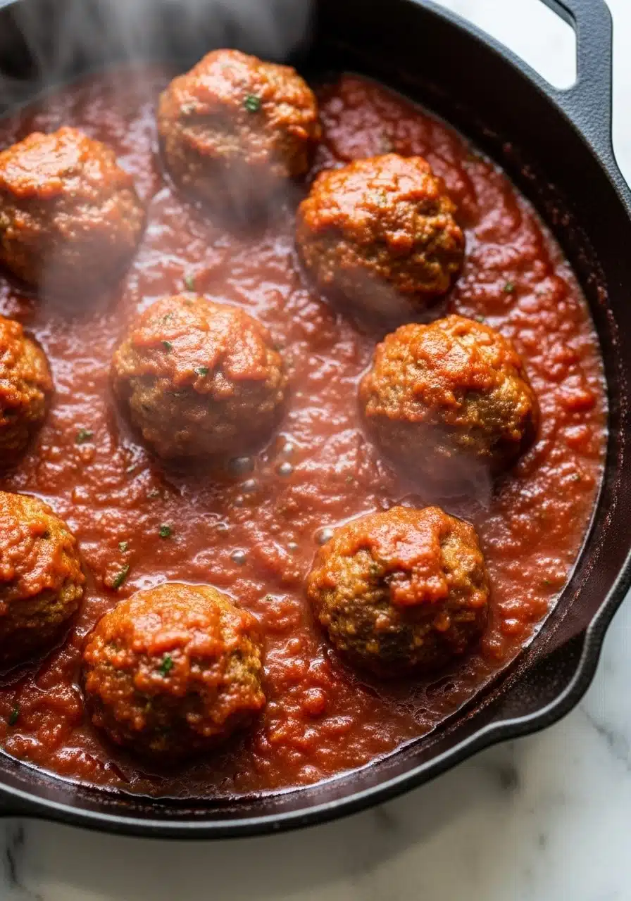The browned meatballs now simmering in marinara sauce inside the skillet, covered halfway in thick red sauce