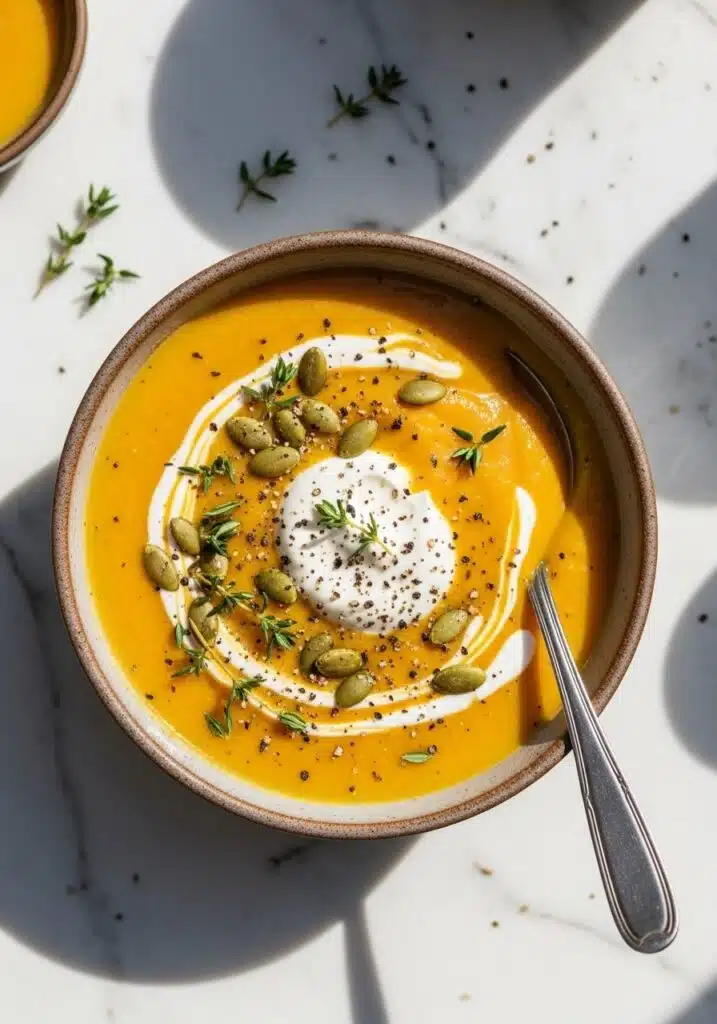 a bowl of creamy butternut squash soup made with bone broth and cottage cheese, smooth golden-orange texture