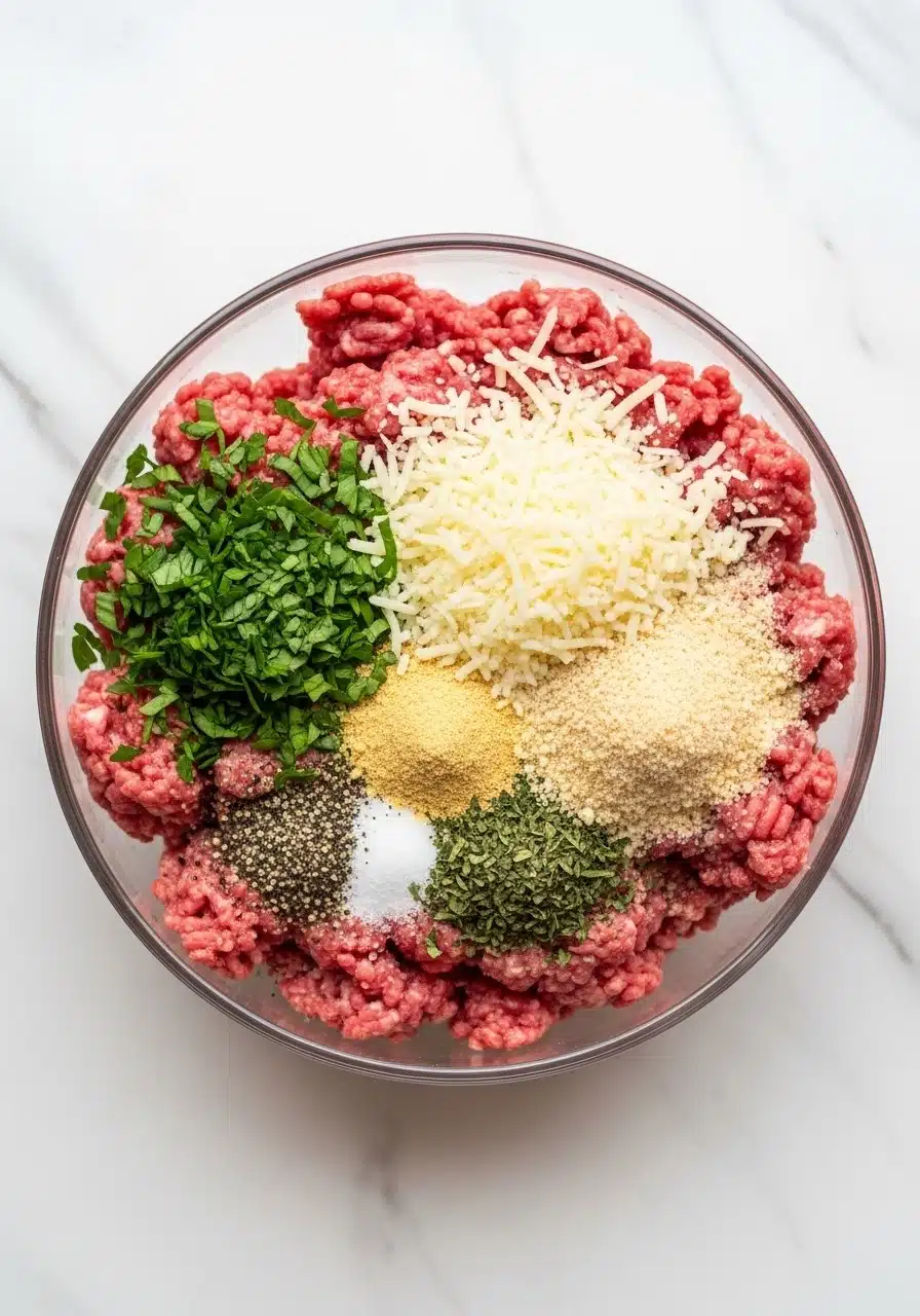 bowl now filled with ground beef or turkey, grated parmesan, chopped parsley, chopped basil, breadcrumbs, garlic powder, dried basil, salt and pepper