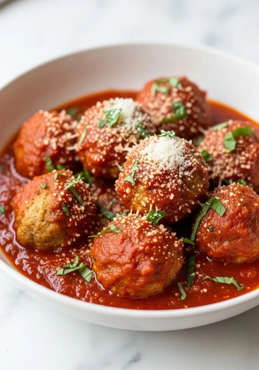 bowl of freshly cooked high-protein ricotta meatballs simmering in rich marinara sauce. Meatballs are golden-brown, tender, and coated in thick red sauce