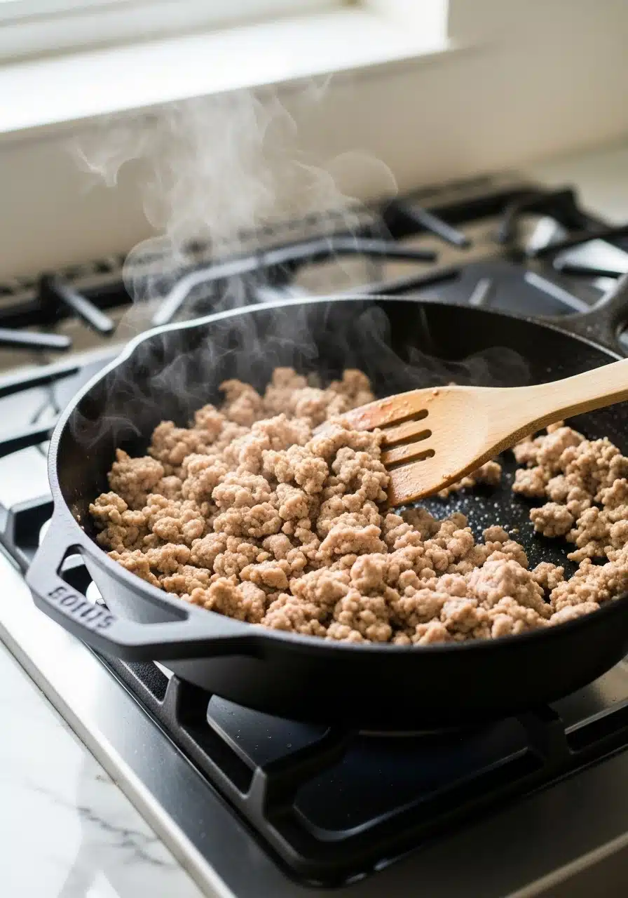 cooking shot of ground turkey browning in a large skillet