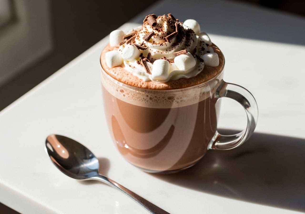 cozy cup of rich, creamy protein hot chocolate on a white marble countertop. The drink is topped with a swirl of whipped cream, mini marshmallows