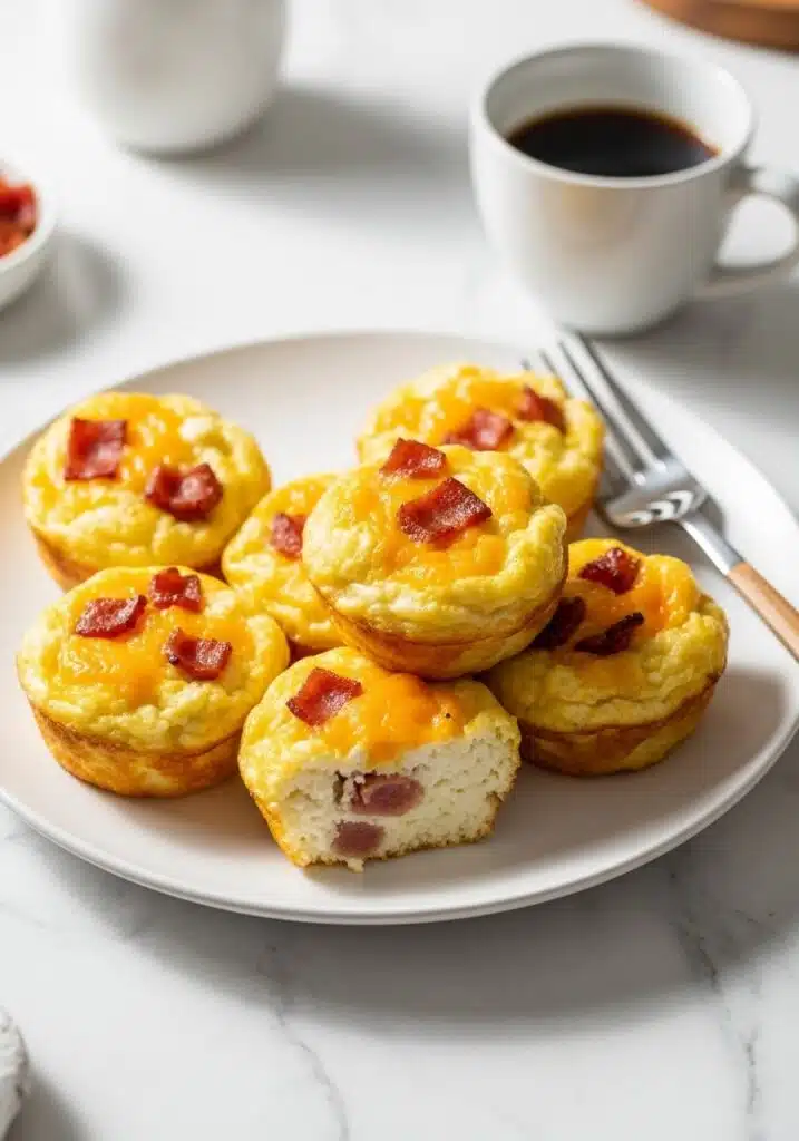 freshly baked cottage cheese egg bites on a white marble countertop