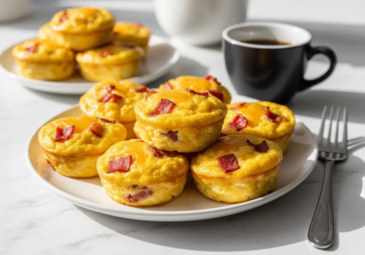 freshly baked cottage cheese egg bites on a white marble countertop, golden on top, slightly fluffy and moist texture