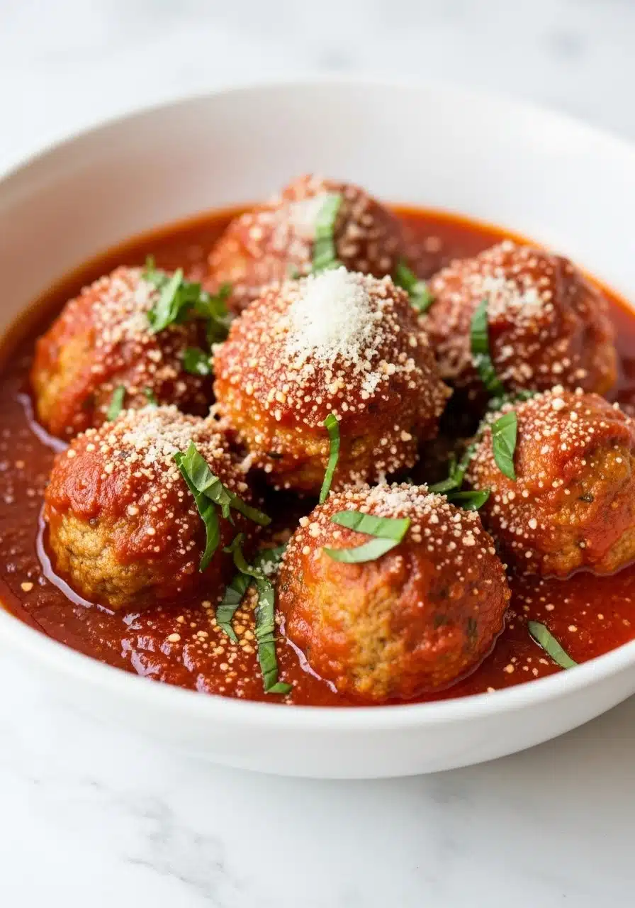 freshly cooked high-protein ricotta meatballs simmering in rich marinara sauce. Meatballs are golden-brown, tender, and coated in thick red sauce