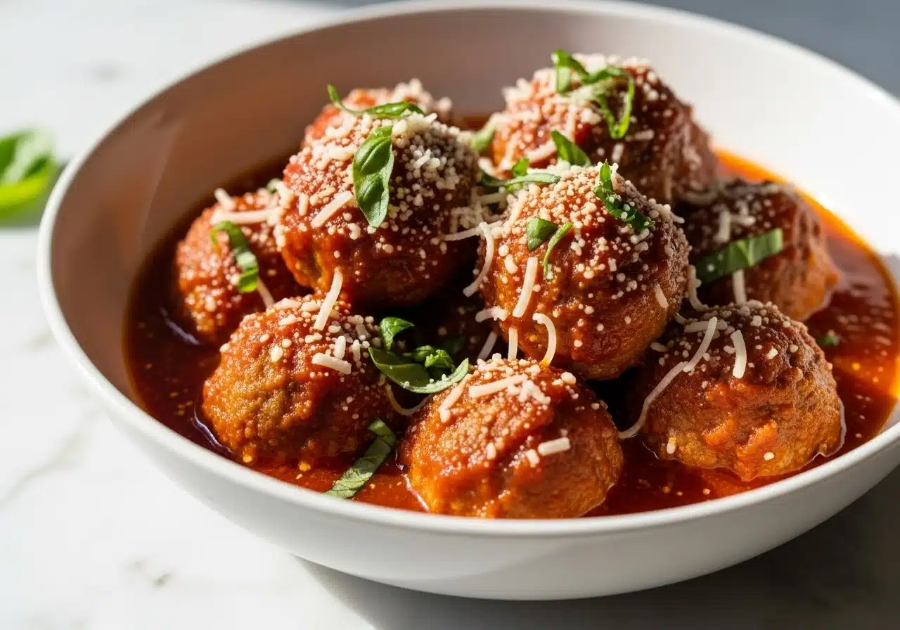 freshly cooked high-protein ricotta meatballs simmering in rich marinara sauce