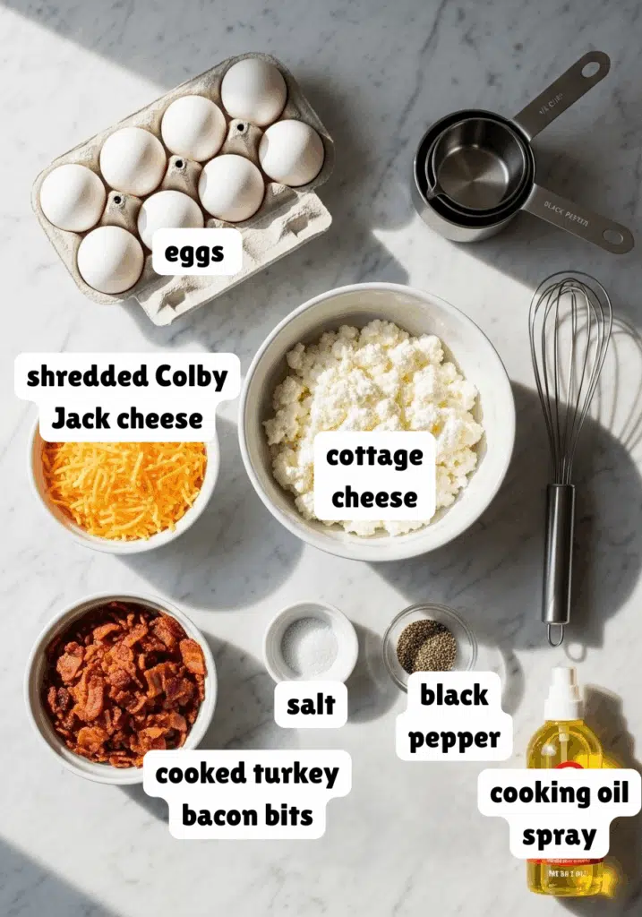 ingredients for cottage cheese egg bites arranged neatly on a marble countertop