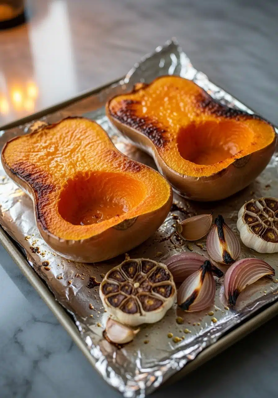 oasted butternut squash halves face down on a foil lined baking sheet with golden brown edges