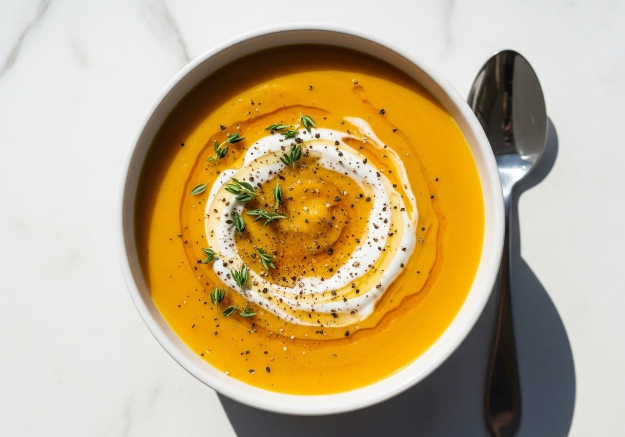 shot of a bowl of creamy butternut squash soup made with bone broth and cottage cheese, smooth golden-orange texture
