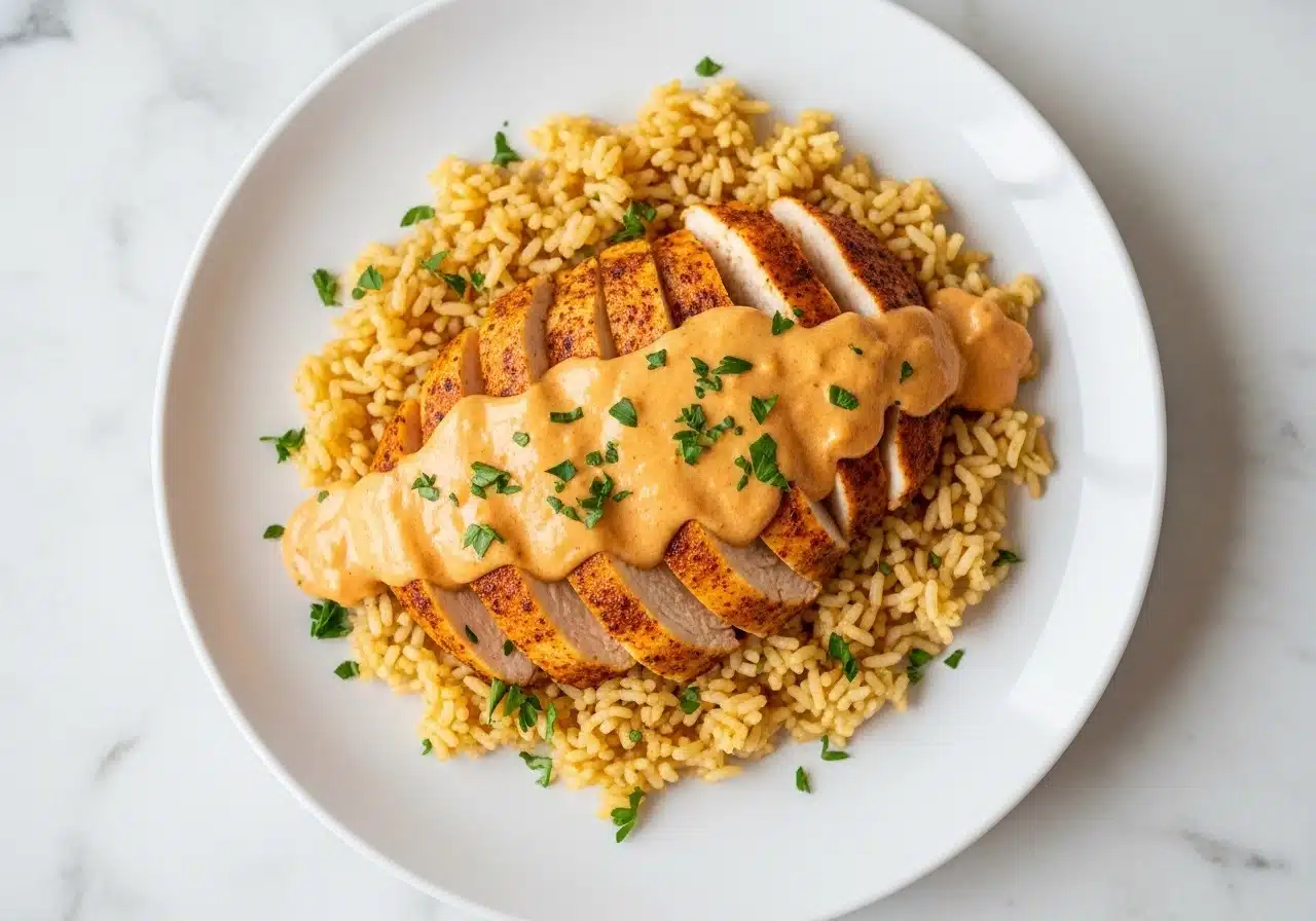 view of High Protein Creamy Cajun Chicken with garlic rice on a white plate, placed on a light marble countertop