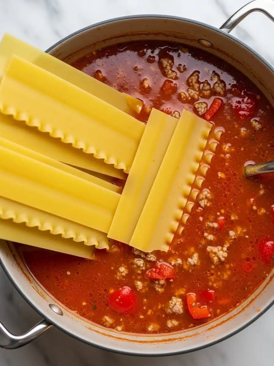 Broken lasagna noodles being added to simmering tomato and meat broth in a large pot