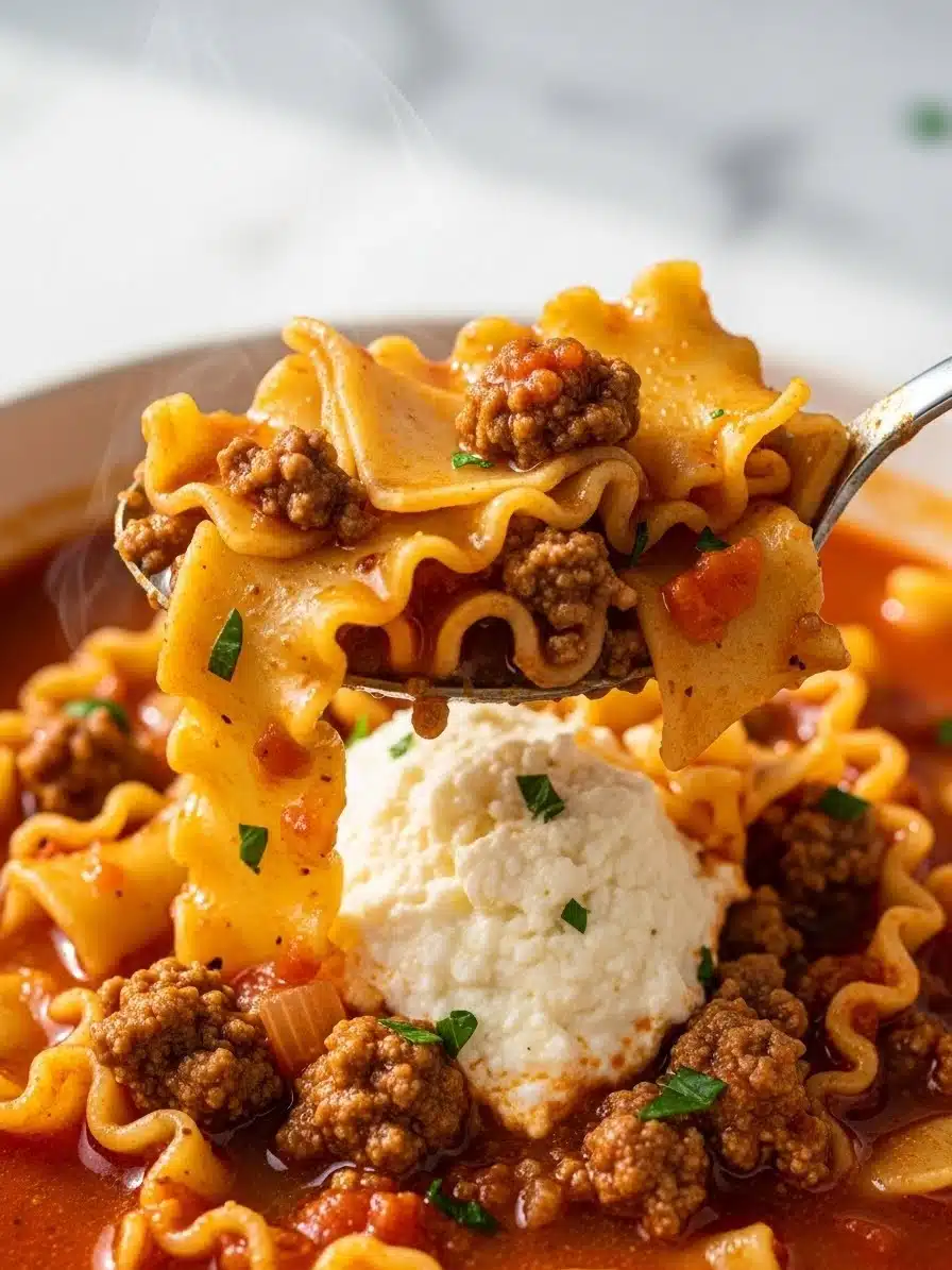 Close-up of a spoonful of High Protein Lasagna Soup with noodles, meat, tomato broth, and a small scoop of cheesy topping