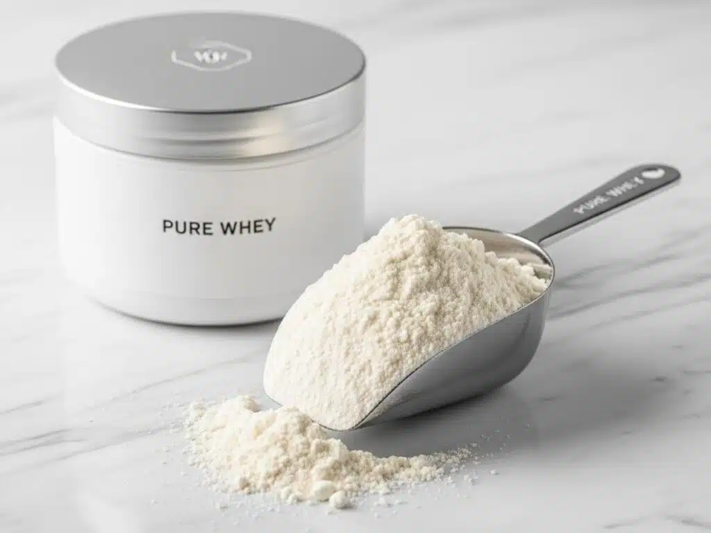 Close-up of whey protein powder scoop overflowing