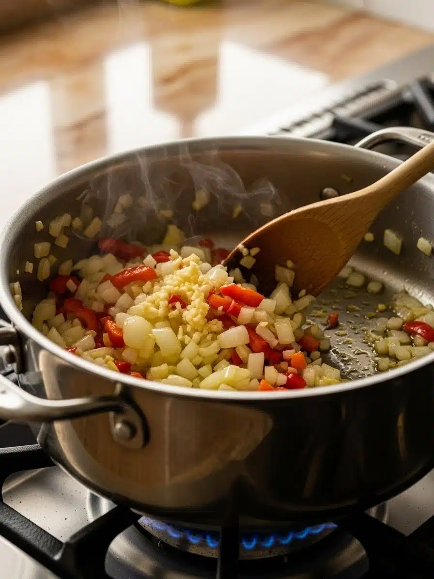 Cooking diced yellow onion, red bell pepper, and minced garlic in a large pot with olive oil on a stovetop
