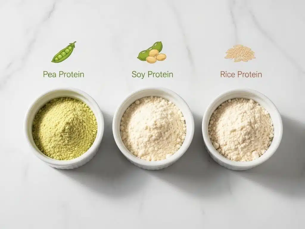 Flat-lay of pea protein, soy protein, and rice protein powders placed in small bowls