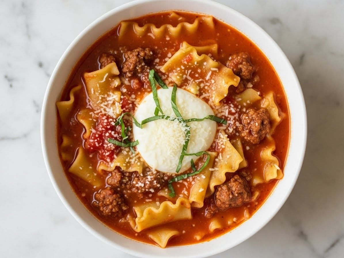 High Protein Lasagna Soup in a white bowl
