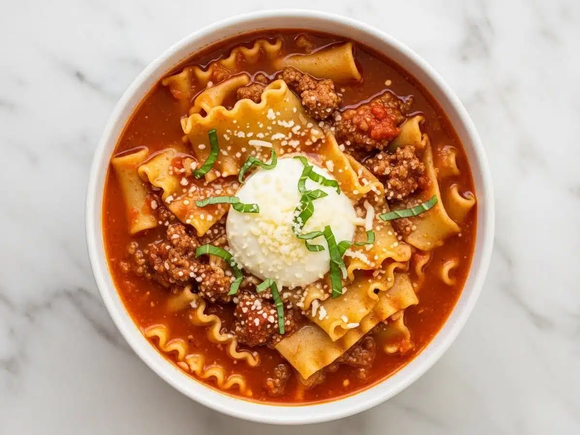 High Protein Lasagna Soup served in a white ceramic bowl on a marble counterto