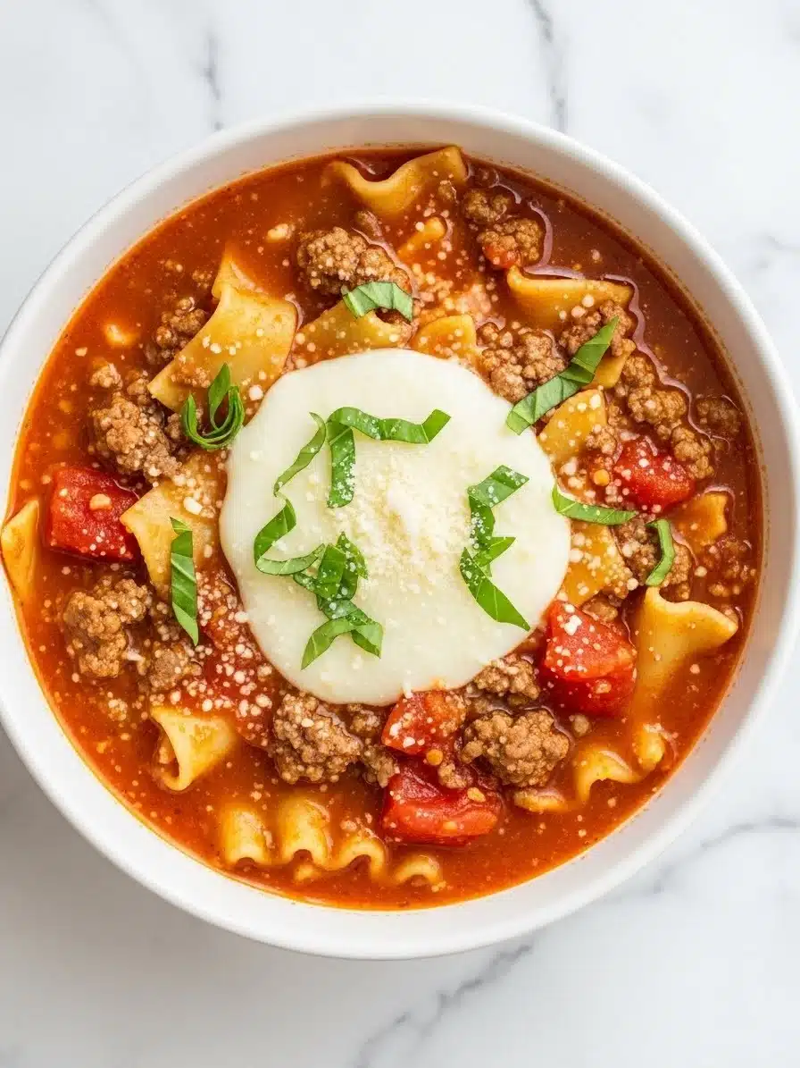High Protein Lasagna Soup served in a white ceramic bowl
