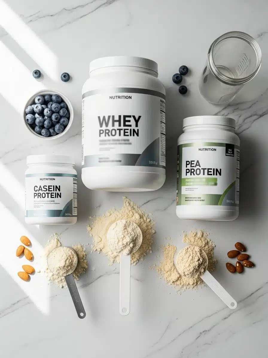 High-quality flat-lay shot of assorted protein powders on a marble countertop. Include whey, casein, plant-based powders in their containers