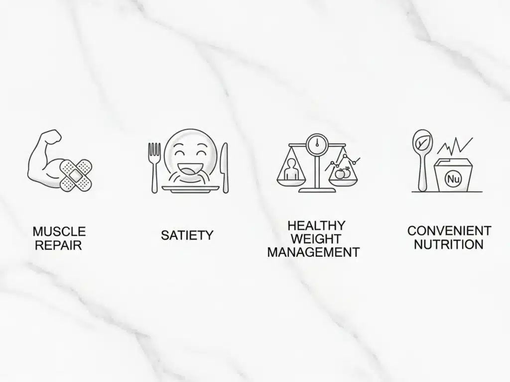Infographic-style image on marble background showing icons for muscle repair, satiety, healthy weight management, and convenient nutrition