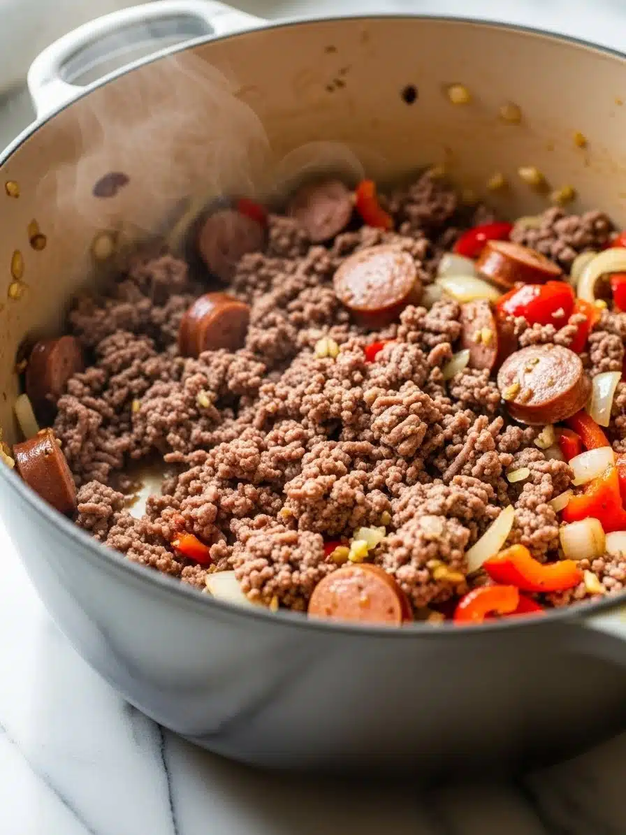 Lean ground beef and chopped chicken sausage cooking in a large pot with sautéed onions, garlic, and bell pepper